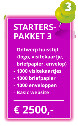  2500,- STARTERS- PAKKET 3 -	Ontwerp huisstijl    (logo, visitekaartje,  	briefpapier, envelop) - 	1000 visitekaartjes - 	1000 briefpapier - 	1000 enveloppen - 	Basic website
