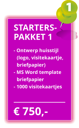 � 750,- STARTERS- PAKKET 1 - Ontwerp huisstijl  	(logo, visitekaartje,  	briefpapier) - MS Word template  	briefpapier - 1000 visitekaartjes
